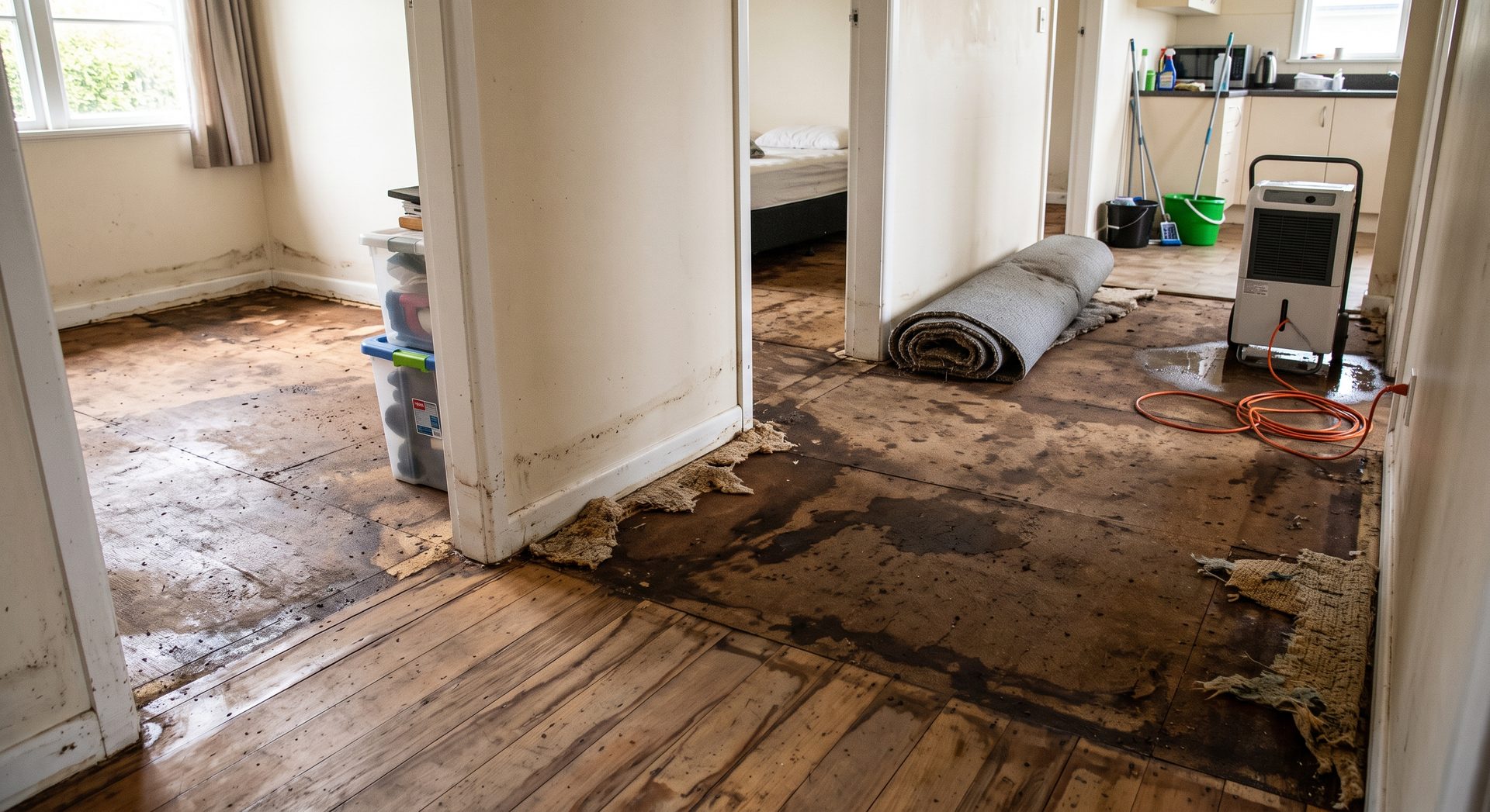 Interior of a flood-damaged house with carpet removed and drying equipment in place